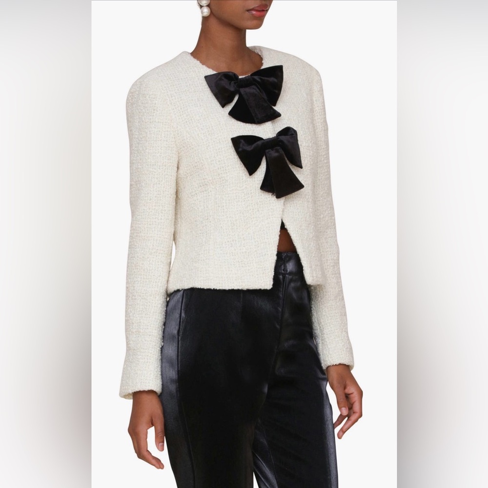 Avec Les Filles Cream Tweed Jacket Bow Detail Cropped Blazer | NWT Size XS - Picture 4 of 16